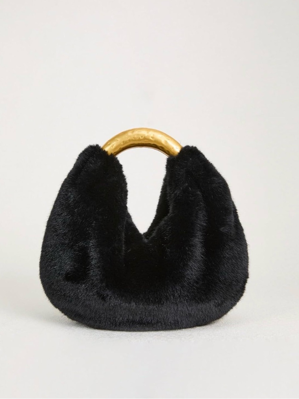 Plush Black Faux-Fur Hobo with Sculpted Gold Handle